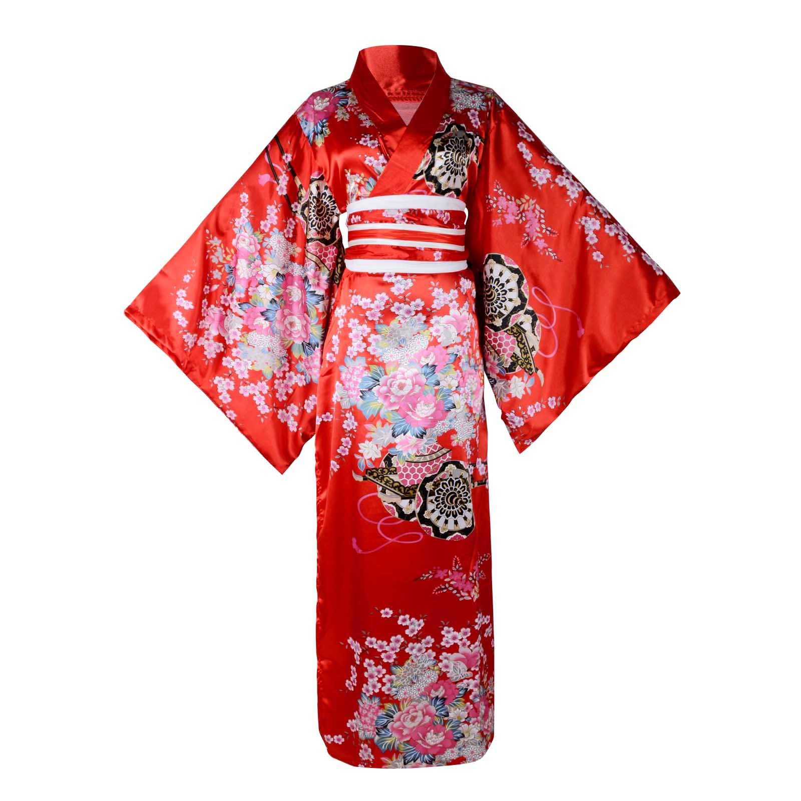 Wraith of East Kimono-Kostüm für Erwachsene, japanisches Geisha-Yukata-Blumenmuster, Bademantel, Nachtwäsche mit Obi-Gürtel, 30 lang rot, Large