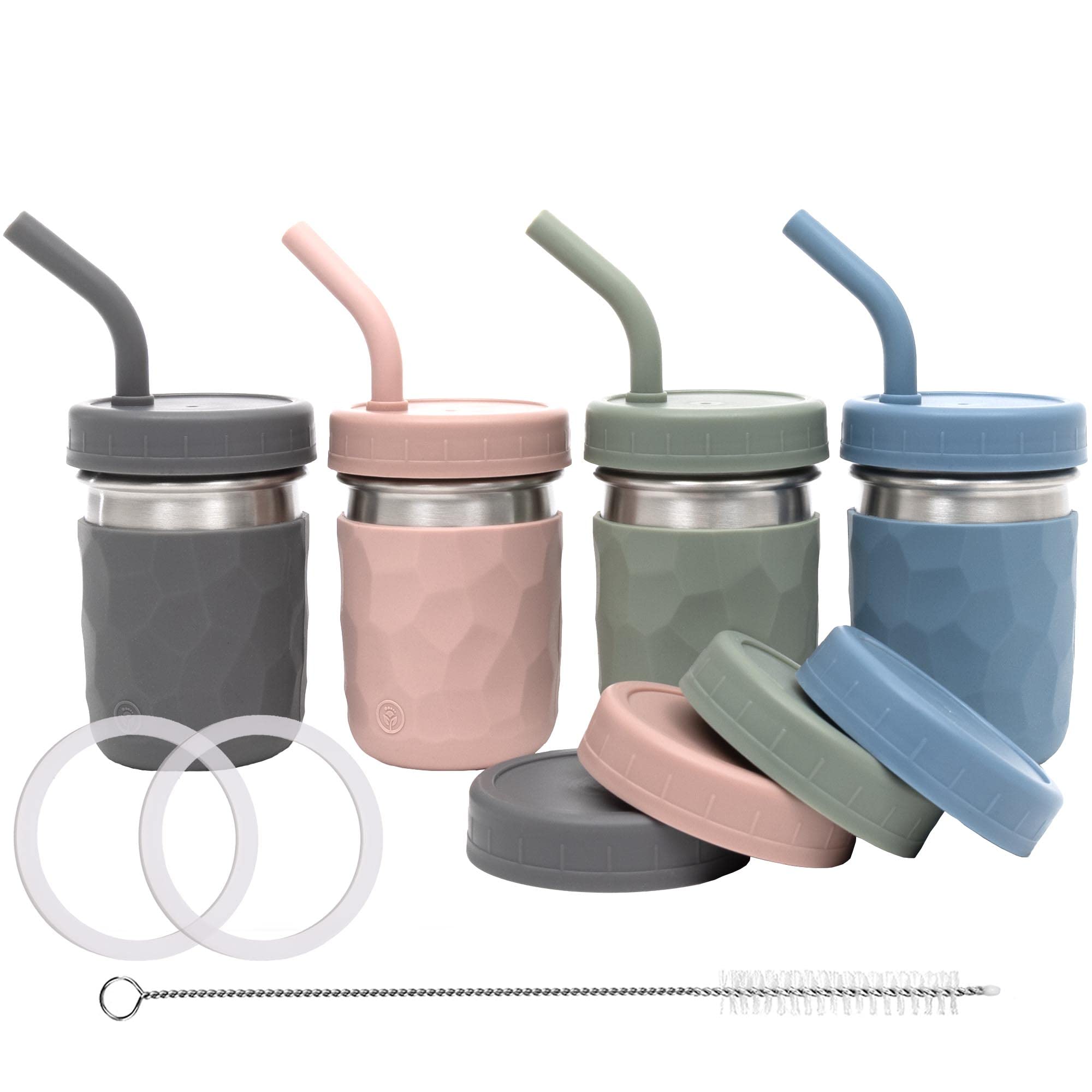 WeeSprout 2-in-1-Trinkbecher für Kinder, langlebiger Edelstahlbecher für Smoothies, Silikon-Trinkhalme mit Stopper, Premium-Kunststoff-Drehdeckel, griffige Hüllen, Set mit 4 spülmaschinenfesten