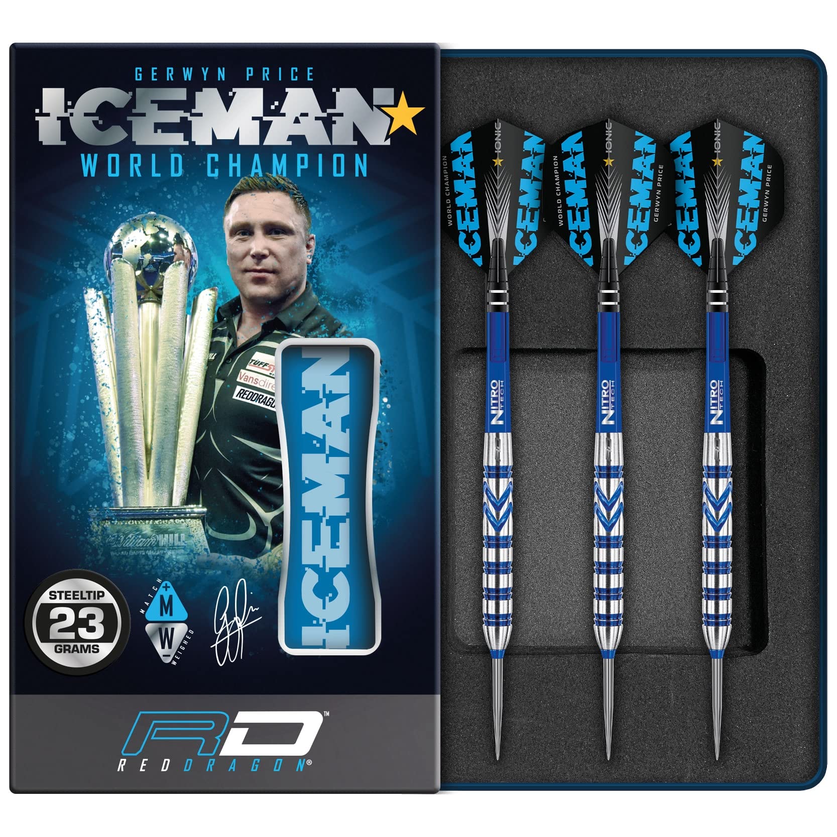 RED DRAGON Gerwyn Price Iceman Originals 23 Gram Professional Tungsten Darts Set with Flights and Stems