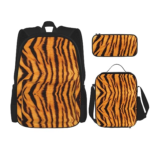 WURTON Tiger Streifenmuster Druck Reise Lunchbox Federmäppchen Rucksack Set 3 Stück Verstellbare Träger Leicht, Schwarz, Einheitsgröße