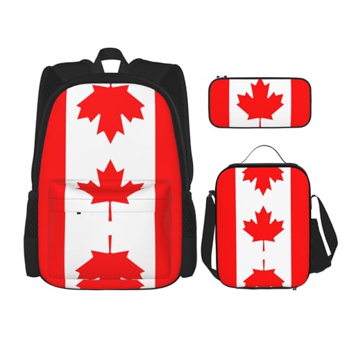 WURTON Trendige Rucksacktaschen mit kanadischer Flagge, Lunchbox und Federmäppchen, 3-in-1, verstellbares Rucksack-Set