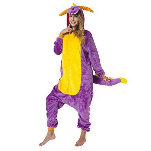 Katara 1744 -Dinosaurier lila/gelbKostüm-Anzug Onesie/Jumpsuit Einteiler Body für Erwachsene Damen Herren als Pyjama oder Schlafanzug Unisex - viele verschiedene Tiere