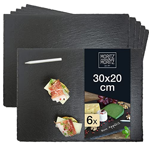 Moritz & Moritz 6 x Schieferplatte Servierplatte 30x20 cm mit Kreidestift - Schieferplatten fürs Buffet, Sushi und Käse - Perfekt zum Anrichten und als Deko