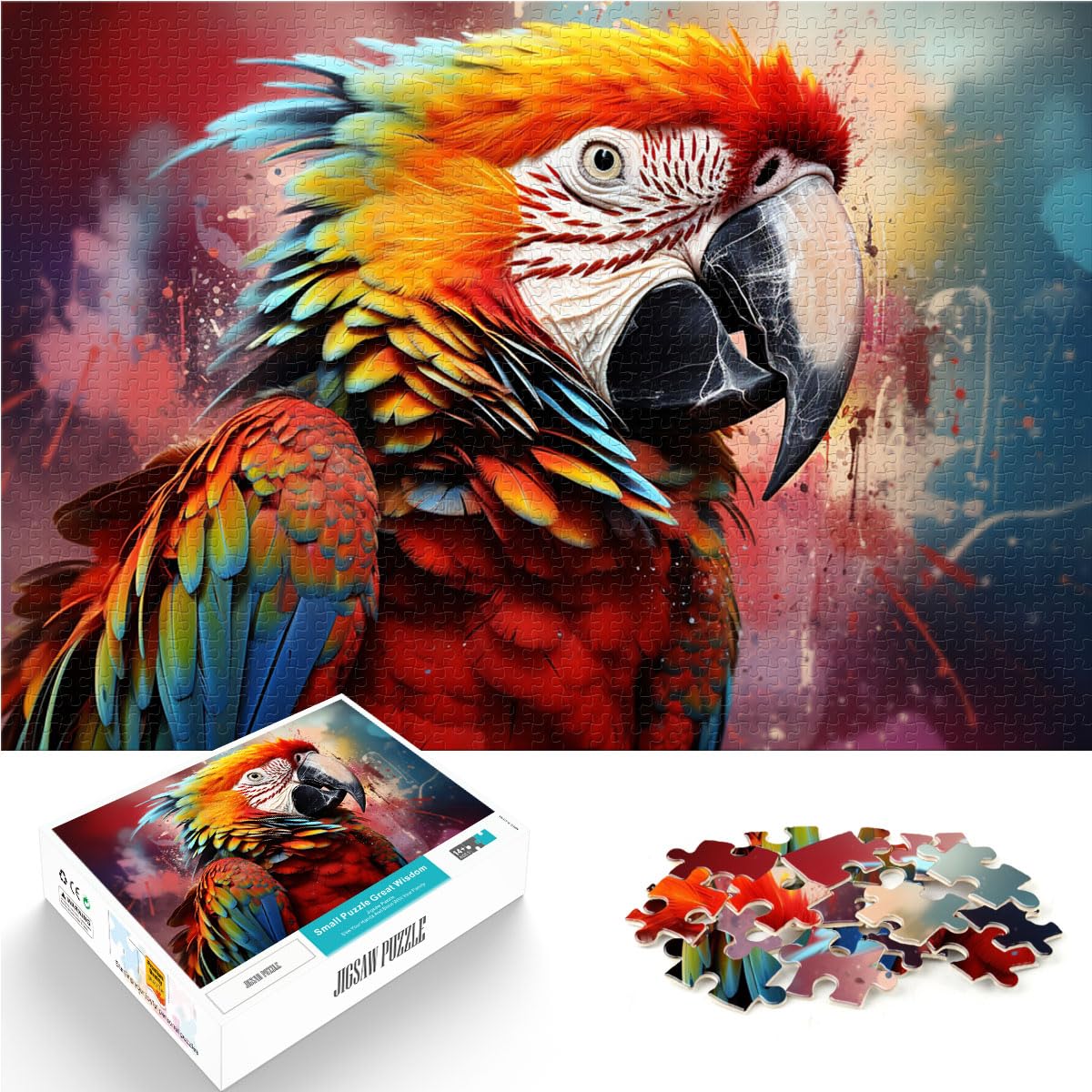 Puzzle für farbenfrohen psychedelischen Papagei, 1000 Puzzles für Erwachsene, Holzpuzzle mit passendem Poster und Wissensblatt, 1000 Teile (50 x 75 cm)