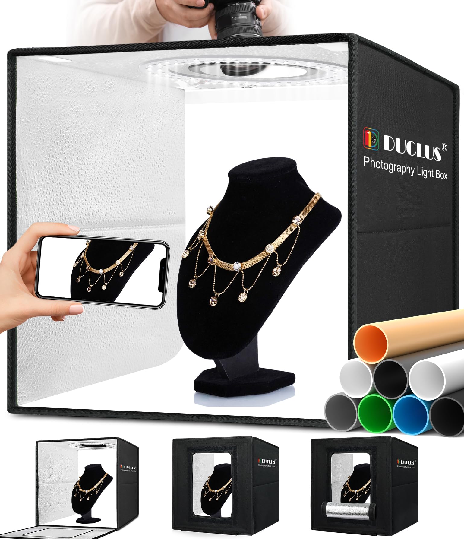 DUCLUS Fotobox 40x40 cm Faltbare Fotostudio, 5500K Dimmbare Lichtzelt Set mit 160 LED Beleuchtung und 8 Produktfotografie Hintergründe