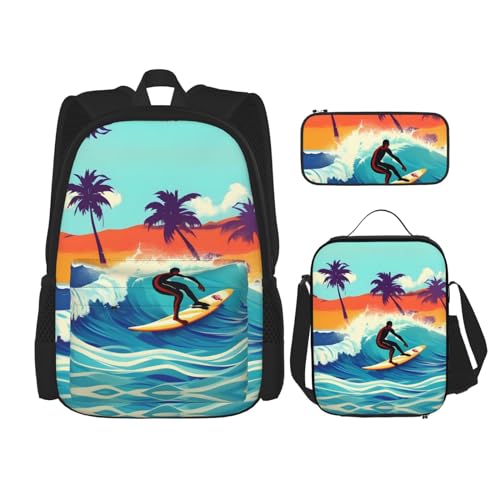 YQxwJL 3-in-1-Rucksack-Büchertaschen-Set, Husky-Hund, lässiger Reiserucksack, mit Federmäppchen, Lunchtasche, Hawaiianischer Surfer auf Wellen, Einheitsgröße