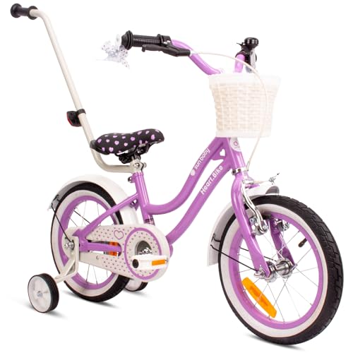 sun baby Mädchenfahrrad 14 Zoll Radgröße Heart Bike zur Auswahl, mit Abnehmbarer Schubstange, Kinderfahrrad für Mädchen von 2 bis 6 Jahre (Violett, 14 Zoll)