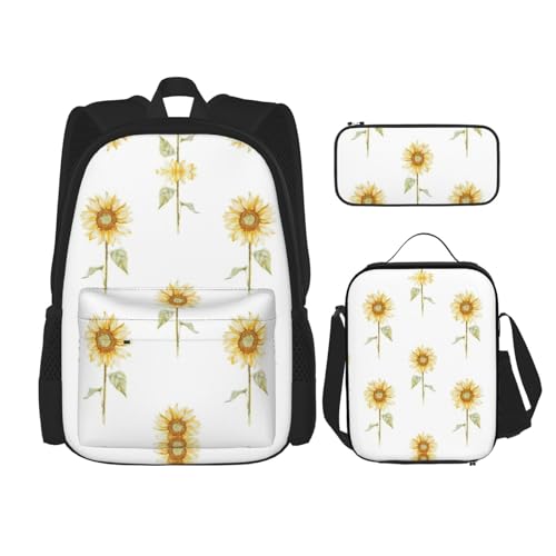 WURTON Schulrucksack-Set mit Sonnenblumen-Aufdruck, 3-in-1, Büchertaschen-Set mit Lunchbox, Federmäppchen, Reise-Laptop-Tagesrucksäcke