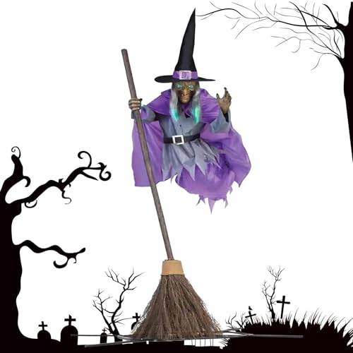 Aizuoni Spooky Flying Witch Decor Mit Besen, Flying Witch Halloween Dekor, Fliegende Hexe Als Halloween-Dekor, Horror-Layout-Partydekoration Mit Leuchtenden Augen Für Cosplay-Party, Spukhaus, Zuhause