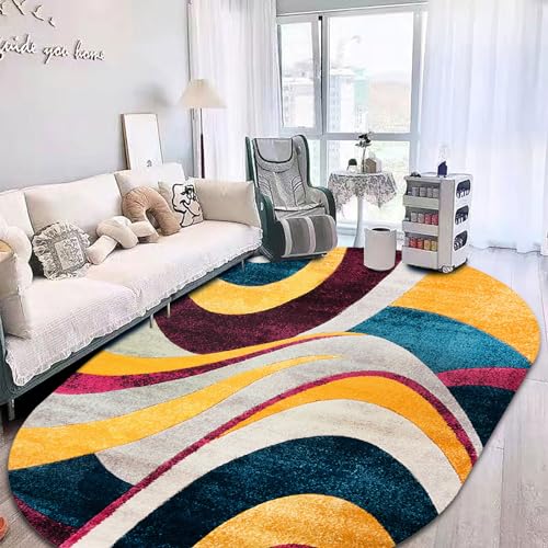 Jwujnxaq Teppich Oval Wohnzimmer Modern Design rutschfest Waschbar Bodenteppich Schlafzimmer Deko Lila Gelb Grün Grau Streifen Abstrakt, 90 x 150 cm