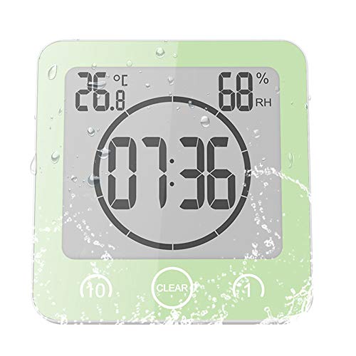 ALLOMN Badezimmer Uhr, LCD Digital Dusche Wecker wasserdichte Berührungssteuerung ℃ / ℉ Temperatur Luftfeuchtigkeit, Countdown Timer, 3 Montagemethoden, Batterieleistung (Grün)