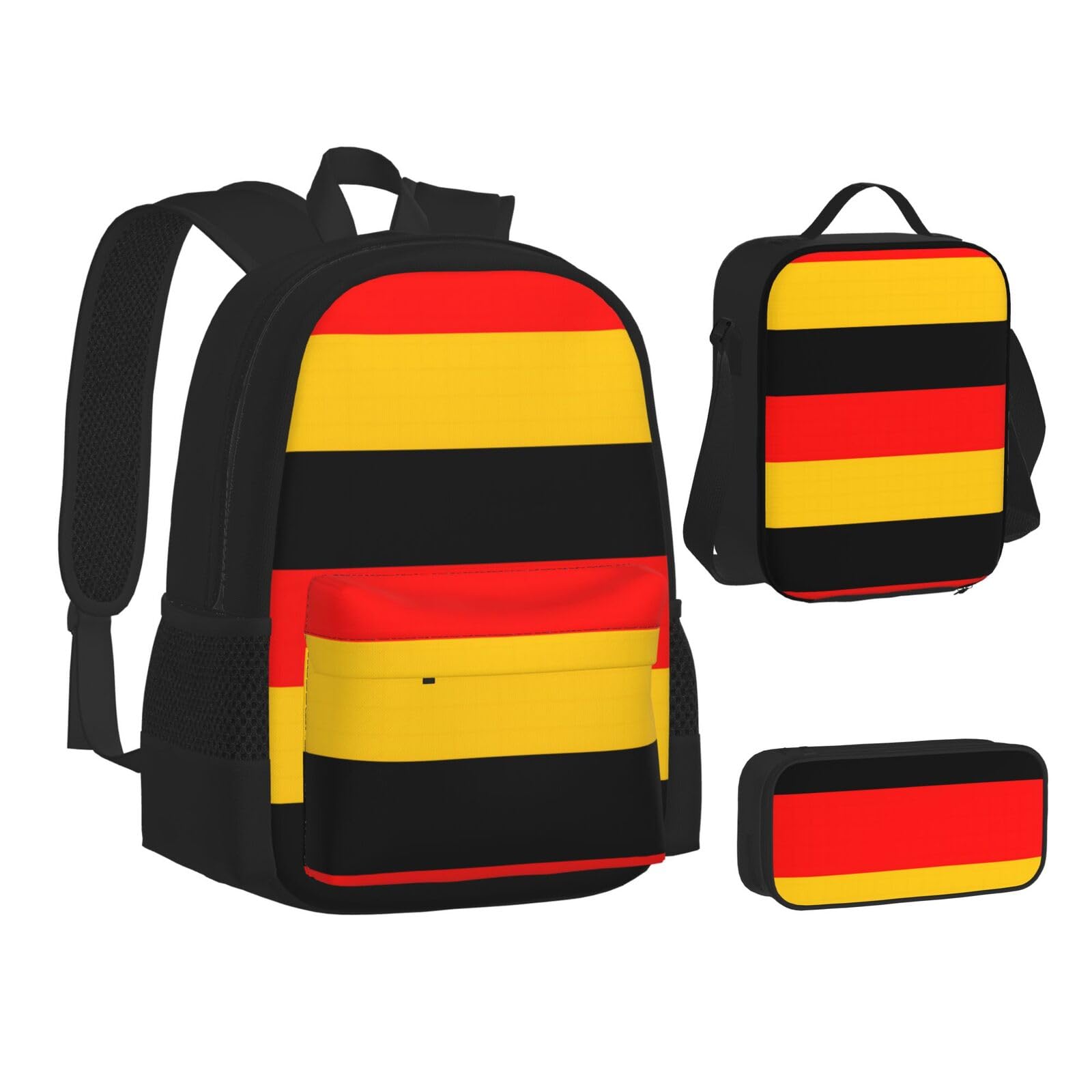 WURTON Rucksack-Lunchbox-Set mit deutscher Flagge, 3-in-1-Büchertasche und Federmäppchen, passende Kombination, Schwarz, Einheitsgröße