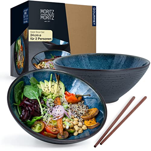 Moritz & Moritz 2x Salatschüssel Keramik 24 cm Ø - Bowl Schüssel blau für 2 Personen – Als Suppenschüssel, Ramen Schüssel, Servierschüssel und Buddha Bowl – Inkl. Stäbchen und Löffel