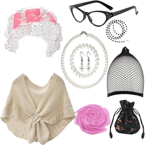 Ranuw Alte Dame Kostüm Set Graue Perücken Künstliche Ohrringe Brille Frauen Alte Dame Rollenspiel Dress Up Zubehör Cosplay Kostüm Anzug