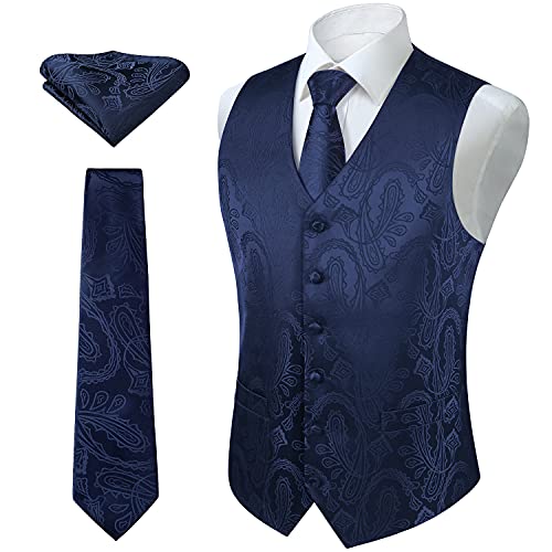 Enlision Herren Paisley Blumenhochzeit Jacquard Weste & Krawatte und Pocket Square Weste Anzug Set Marineblau