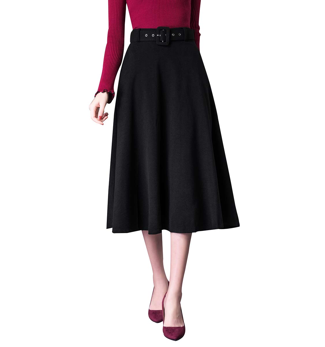 Damen Retro Elegante Hohe Taille Midi Wollrock a Linie Passenden Gurt Herbst Winter Warm Mode Röcke Langen Wolle Rock Ausgestelltem Feste Farbe Rock (M (Taille: 68 cm, Länge: 75 cm), Schwarz)