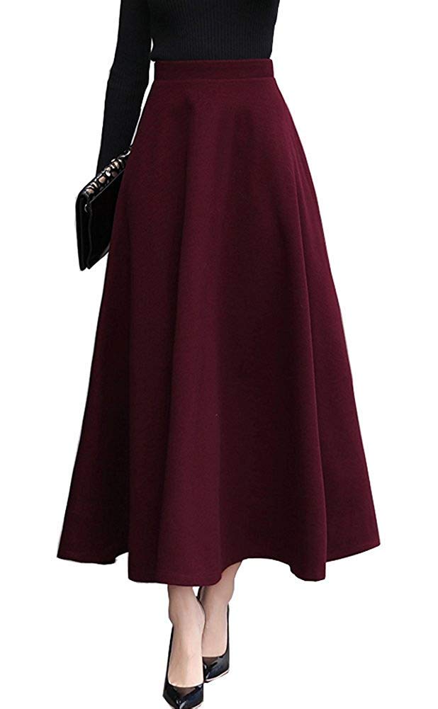 Damen Retro Elegante Lang Rock Winterrock Hohe Taille Wollrock A Linie Elastische Taille Warm Maxi Röcke Ausgestelltem Feste Farbe Faltenrock 3XL