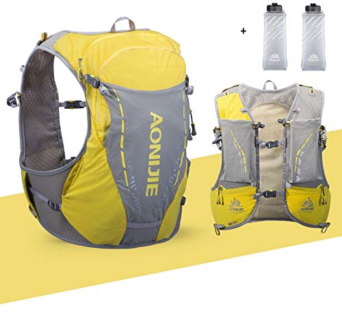 Aonijier Trinkweste, Rucksack, 10 l, für Laufen, Wandern, Outdoor, Beleuchtung, wasserdicht und robust mit Kappe, 2 Wasserflaschen, 2 Stangen, Gelb, L-XL