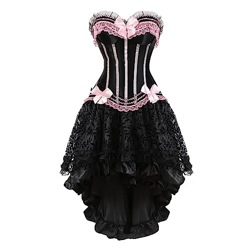 Zweiteilig Damen Mittelalter Rock Set Steampunk Gothic Rock und Korsett 2PCs Vintage Viktorianisch Renaissance Spitzen Tutu Rock Halloween Karneval Kostüm Palast Gotischer Punk Party Outfit