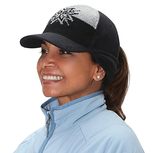 TrailHeads Winter Pony Cap Damen - Baseball Cap mit Ausklappbaren Ohrenwärmern - Schwarze und graue Schneeflocke