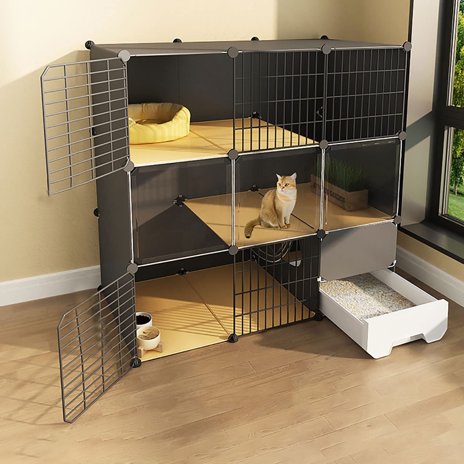 Katzenkäfig mit Katzentoilette, Katzenkäfige für den Innenbereich, 2/3-stöckige Katzenkiste, Katzenlaufstall, Katzengehege, Kleintierkäfig, Hundekäfig, Auslaufplatz, ideal für 1–3 Katzen (Farbe: