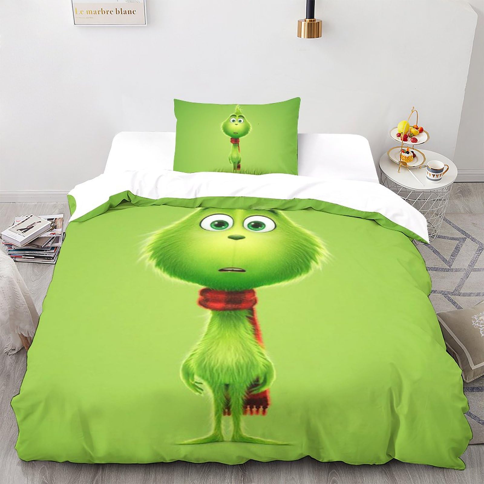 The-Grinch Kuschelige Bettbezüge Mit Cartoon-Animation 3D-Druck 3-teilige Bettwäschesets Aus Mikrofaser Mit Verstecktem Reißverschluss Und Pillowcases Für Eine Angenehme Nachtruhe Single（135x200cm）