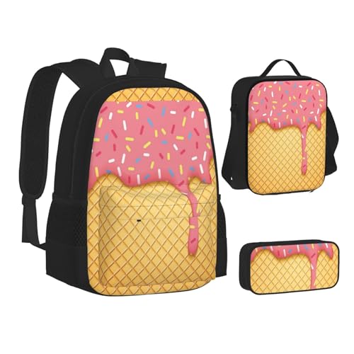 Rucksack Lunchbox-Set mit Eiscreme- und Waffelmuster, 3-in-1-Büchertasche und Federmäppchen, passende Kombination, Schwarz, Einheitsgröße