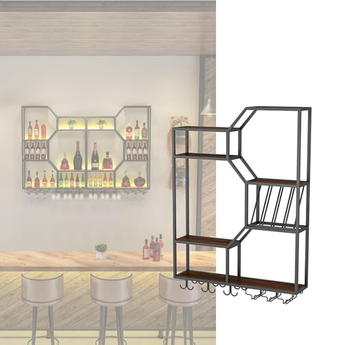 HSJFS Weinregal Wandbefestigte Bar-Regale Mit Hängendem Weinglas-Rack Und Geführtem Licht Liquor Flaschenanzeige-Regal Floating Bar Regale Whiskey Regal Küche Wandschrank Für Home Bar Cesszimmer (Farb