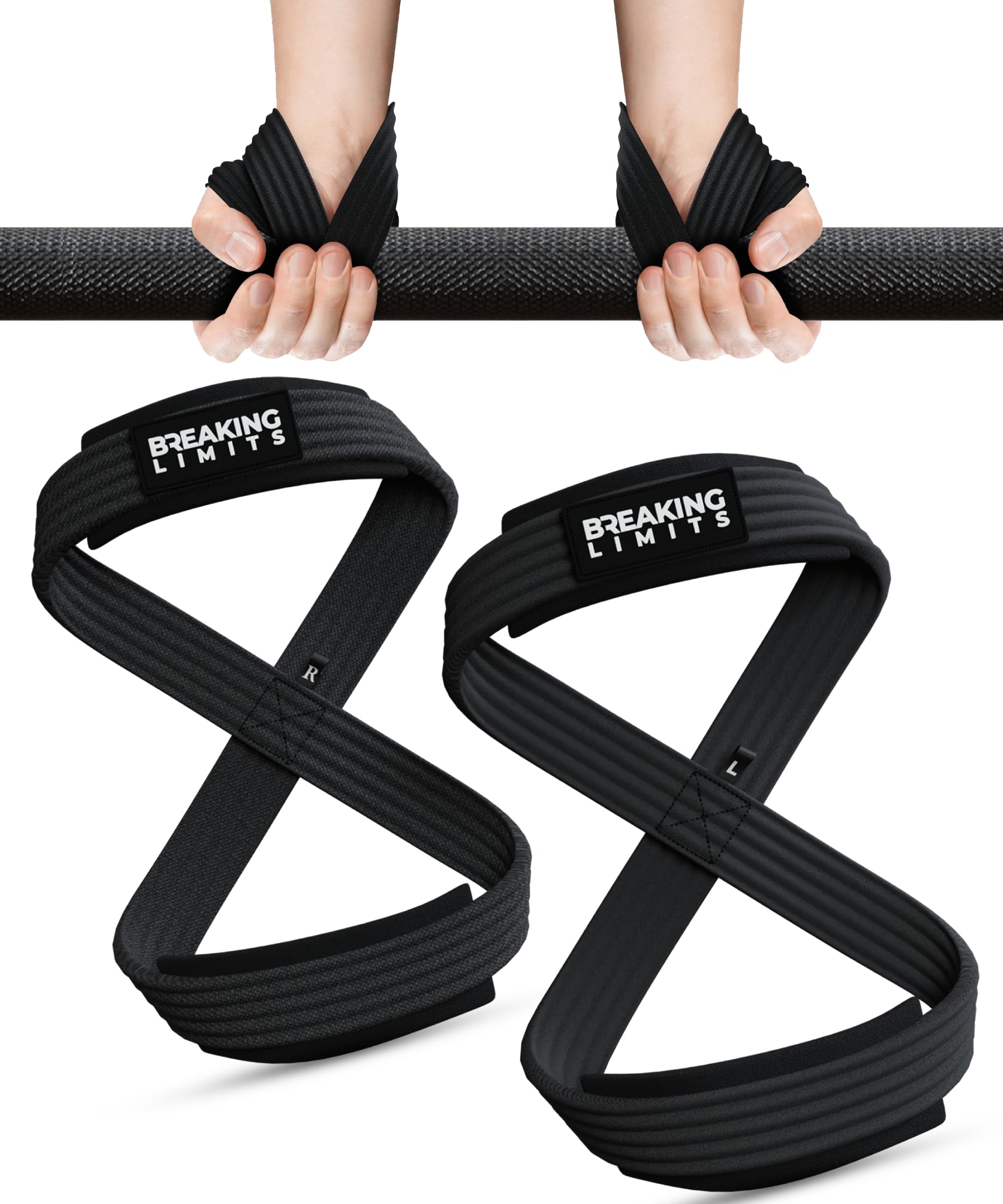 BREAKING LIMITS Figur 8 Hebeband – Kreuzhebebänder für Männer und Frauen – Gym Lifting Straps Figur 8 für Powerlifting, Strongman, Gewichtheben & Kreuzheben (Schwarz, klein)