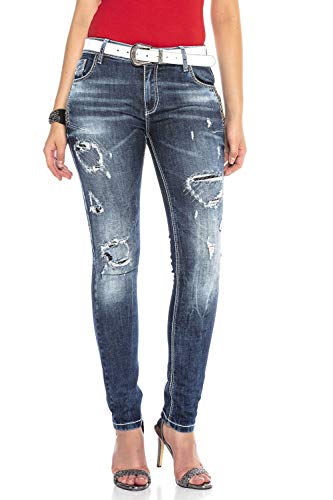 Cipo & Baxx Damen Jeanshose Denim Used Zerrissen Destroyed Hose Ziersteine Regular Fit Jeans Pants WD423 Blau W31 L32