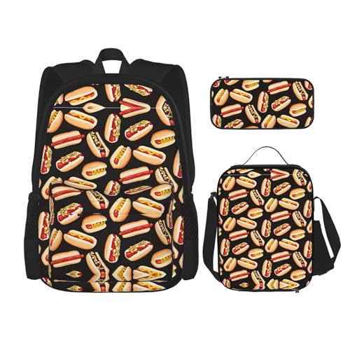 WURTON 3-in-1 Büchertaschen-Set mit lustigem Essen, Motiv: Hot Dogs, verstellbarer Schulter-Rucksack, Lunch-Tasche, Federmäppchen, Beutelbox