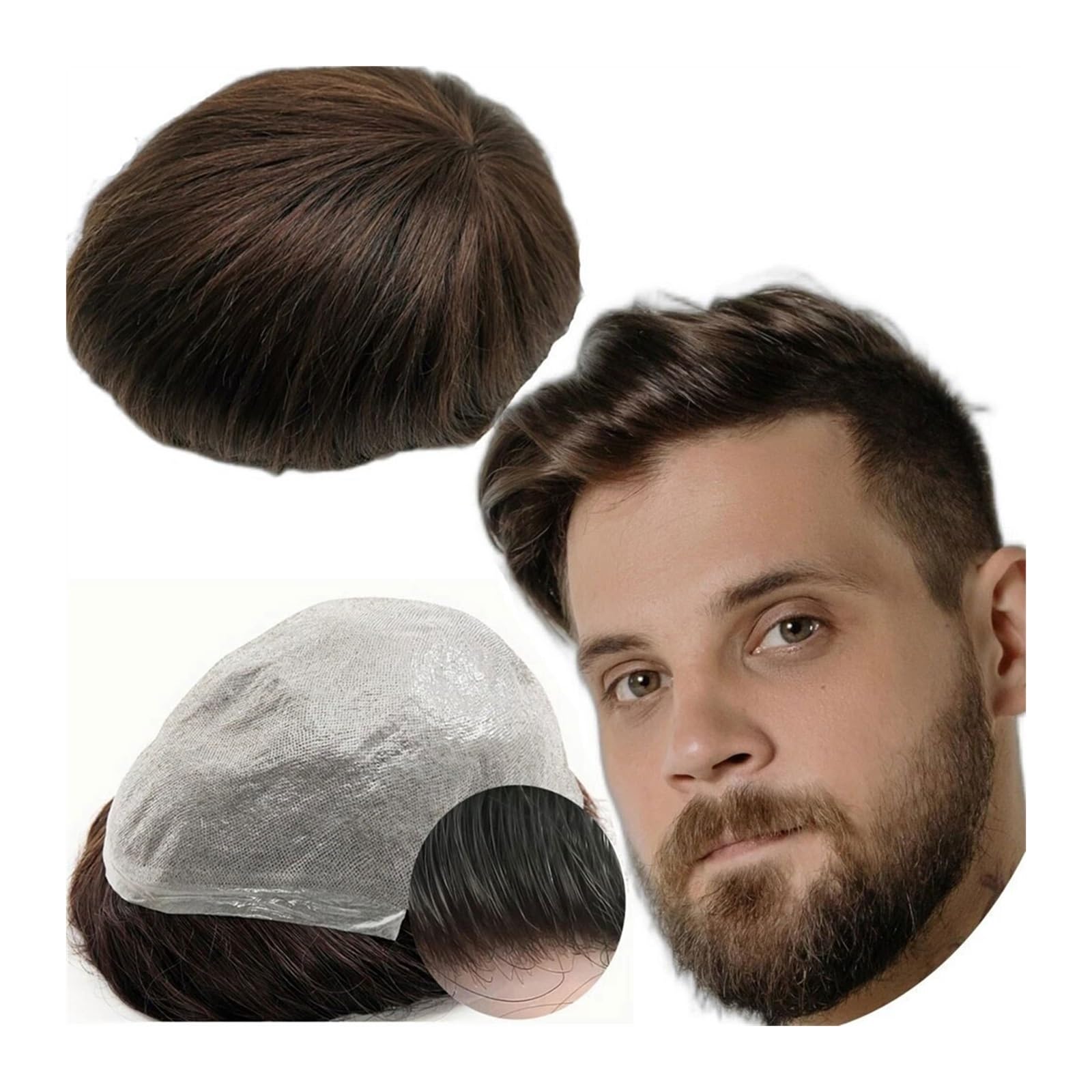 Perücke Männer 0,04 PU-Haut-Poly-Prothesen-Toupet for Männer, Yanahair-Glatthaar-Ersatzsystem, 100% europäische Echthaar-Haarteile Toupet für Herren(Dark Brown)