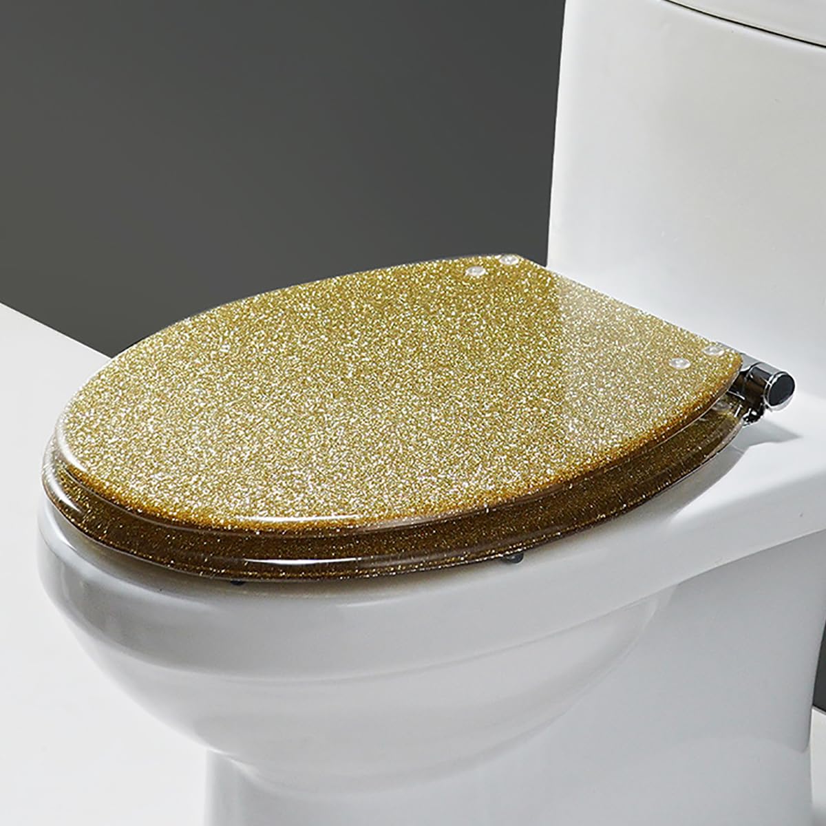 Dazzluxe Runder WC-Sitz Aus Kunstharz Mit Glitzerndem WC-Deckel, Langsam Schließender WC-Sitzbezug, Inklusive Befestigungssätzen, Passend Für Die Meisten Standard-U/V/O-Wcs, Leises Schließen,Gold 1