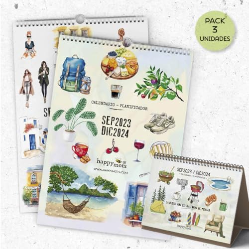 HappyMots 2er Pack Wandkalender 2023 2024 + Tischkalender 2023 2024 | 16 Monate Sep. 2023 bis Dez. 2024 | Kalender 2024 Monatsplaner | A3 + A5 | Mit Platz für Notizen