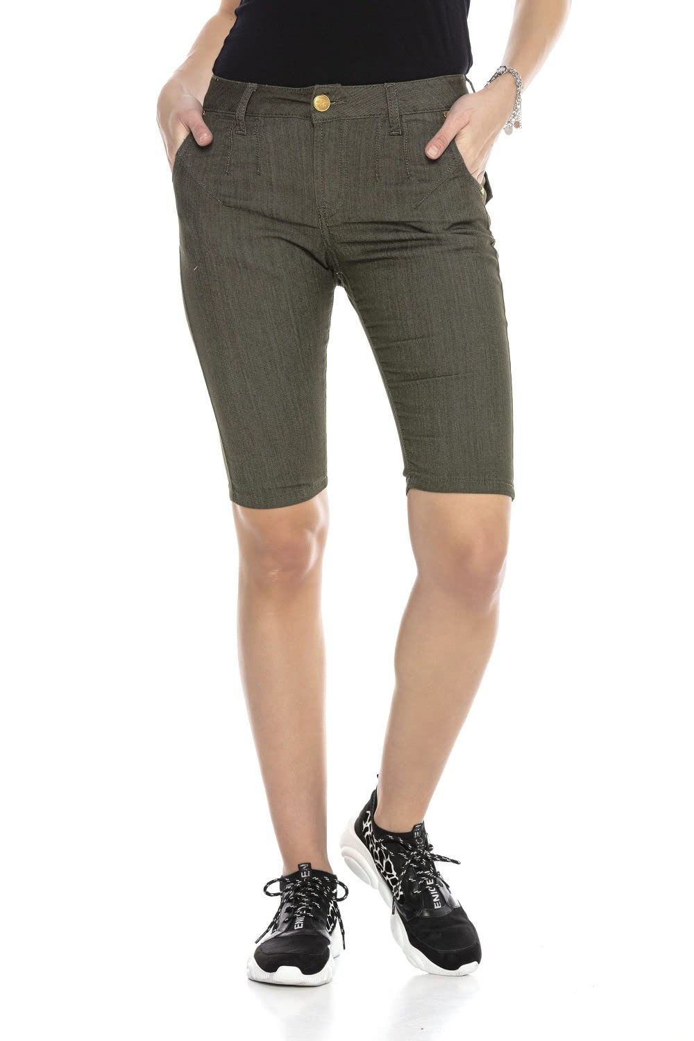 Cipo & Baxx Damen Kurze Hose Bermuda Pants Freizeit Skinny-Fit Basic Jeans Shorts WK169 Khaki W30