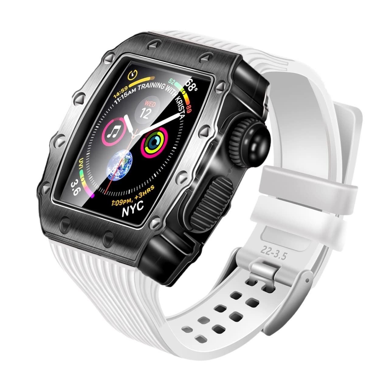 KANUZ Modifikationsarmband für Apple Watch Mod Kit 45, 44 mm, 40 mm, 41 mm, Stoßfänger, Luxus-Hülle, Gummiband, iWatch Serie 7, SE, 6, 5, 4, 3, Set (Farbe: Schwarz-Weiß, Größe: 44 mm)