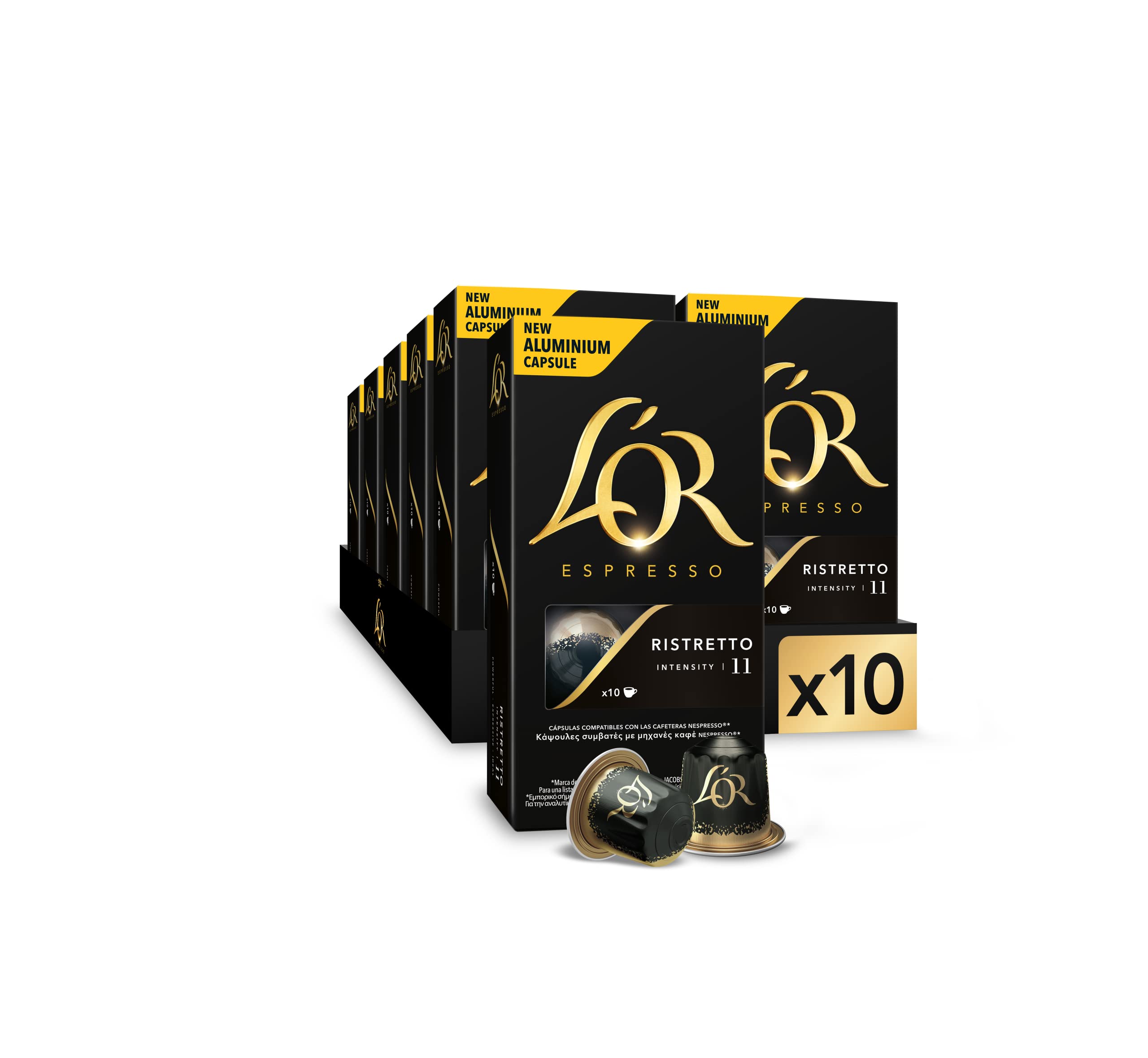 L'OR Espresso Kaffee Ristretto Intensität 11 - Nespresso®* kompatible Kaffeekapseln aus Aluminium - 10 Packungen mit 10 Kapseln (100 Getränke)