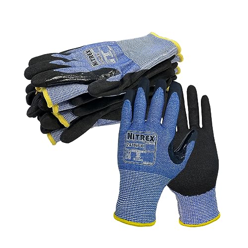 NITREX Unigloves Schnittfeste Handschuhe für allgemeine Handhabung mit sandiger Nitril-Handflächenbeschichtung, NitreGuard-Technologie und NitreGrip-Technologie in Schwarz/Blau, 10 Paar