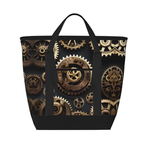 YQxwJL Isolierte Kühltasche mit Steampunk-Getriebe-Aufdruck, großes Fassungsvermögen, Einkaufstasche, Reisetasche, Strand, wiederverwendbare Einkaufstasche für Erwachsene, Schwarz, Einheitsgröße