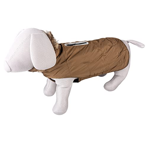 duvoplus, Fluffy Hundejacke mit Kapuze XS – 30 cm Khaki, warmes und modisches Design, gepolstert mit weichem Fleece, spritzwassergeschützt, einfach anzuziehen Dank Klettbändern