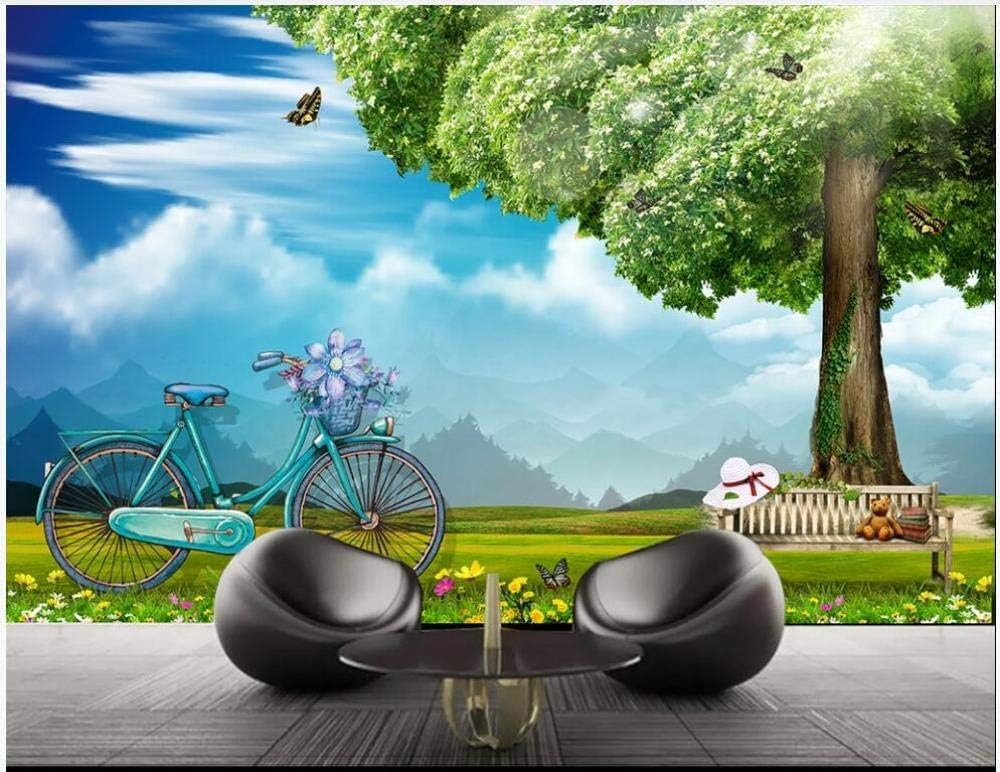 Frischer Blauer Himmel Weiße Wolken Große Bäume Fahrrad 3D Tapete Poster Restaurant Schlafzimmer Wohnzimmer Sofa TV Dekorative Wand-200cm×140cm