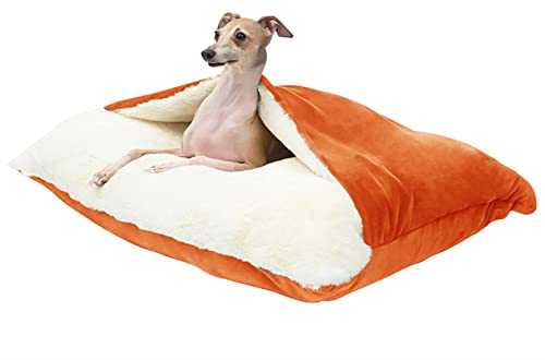 Hundebett Orthopädisch, Hundeschlafsack, Katzenkörbchen Flauschig Waschbar, Hundebett mit Abnehmbaren Deckel, Rechteckiges Hundekorb für Kleine Mittelgroße Hunde (Color : Orange, Größe : 75x60x23cm