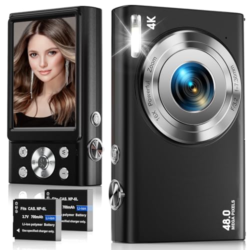 Digitalkamera, 4K Autofokus Fotokamera HD 48MP mit 2,8" großem Bildschirm, 16X Digitalzoom, Kompaktkamera für Fotografie, Fotoapparat für Teenager, Erwachsene, Anfänger（Schwarz）