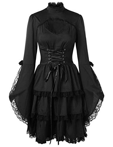 Chuangminghangqi Gothic Spitze Lolitakleid Elegant Vintage Kurze Kleider Fasching Damen Cosplay Kostüm Party Mittelalter Kleid Langarm Cocktail Kostüm, Cocktail, Schwarz XL