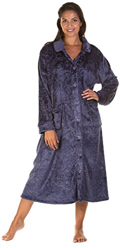 Lady Olga Fleece-Nachtwäsche in 3 Stilen, Bademantel, Morgenmantel oder Bettjacke, mit Reißverschluss und Knöpfen Gr. 46/48 DE, Marineblau - Button