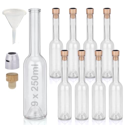 Flaschen Set 9 x 250ml hochwertige Glasflaschen leer mit Korken Schrumpfkapseln & 1 Trichter zum selbst Befüllen mit Gin Whisky Schnaps Likör Essig Öl günstige Flaschen Ginflaschen Whiskyflaschen