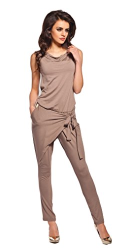 Lemoniade stylischer Jumpsuit ohne Ärmel mit elegantem Wasserfallkragen, Cappuccino, Gr. M