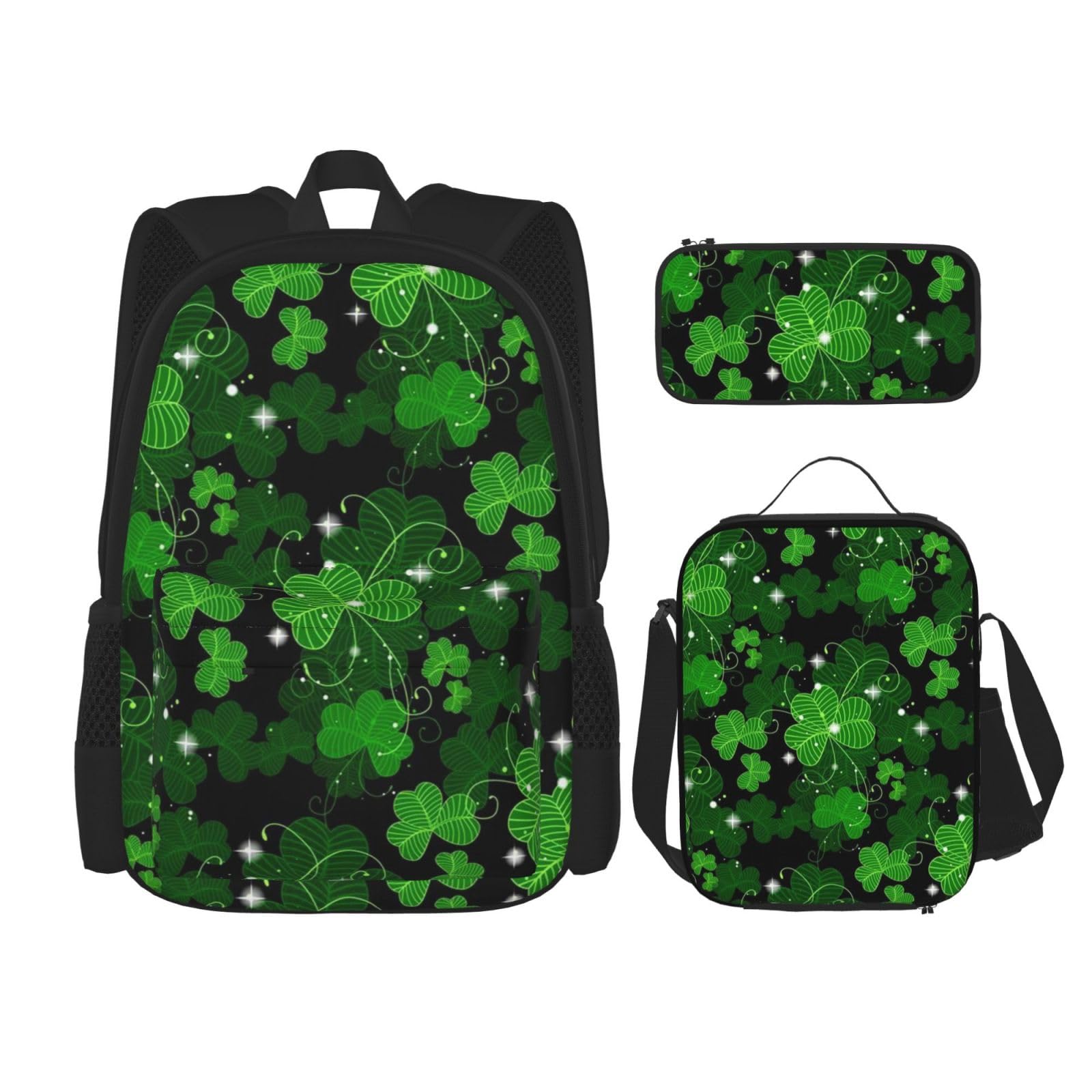 DENMER Mehrzweck-Schultasche mit Marmorstruktur, mit passendem Federmäppchen und Lunchtasche, stilvolle All-in-One-Lösung, St. Patricks Day Blätter, Einheitsgröße