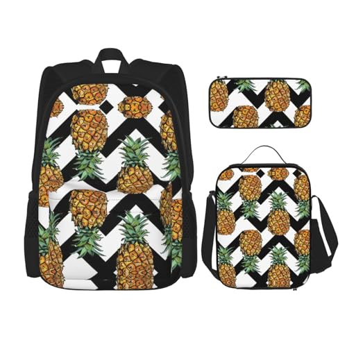 WURTON Schulrucksack, Ananas mit schwarz-weiß gestreiftem Druck, 3-in-1 Büchertaschenset mit Lunchbox, Federmäppchen, Reise, Laptop, Tagesrucksack