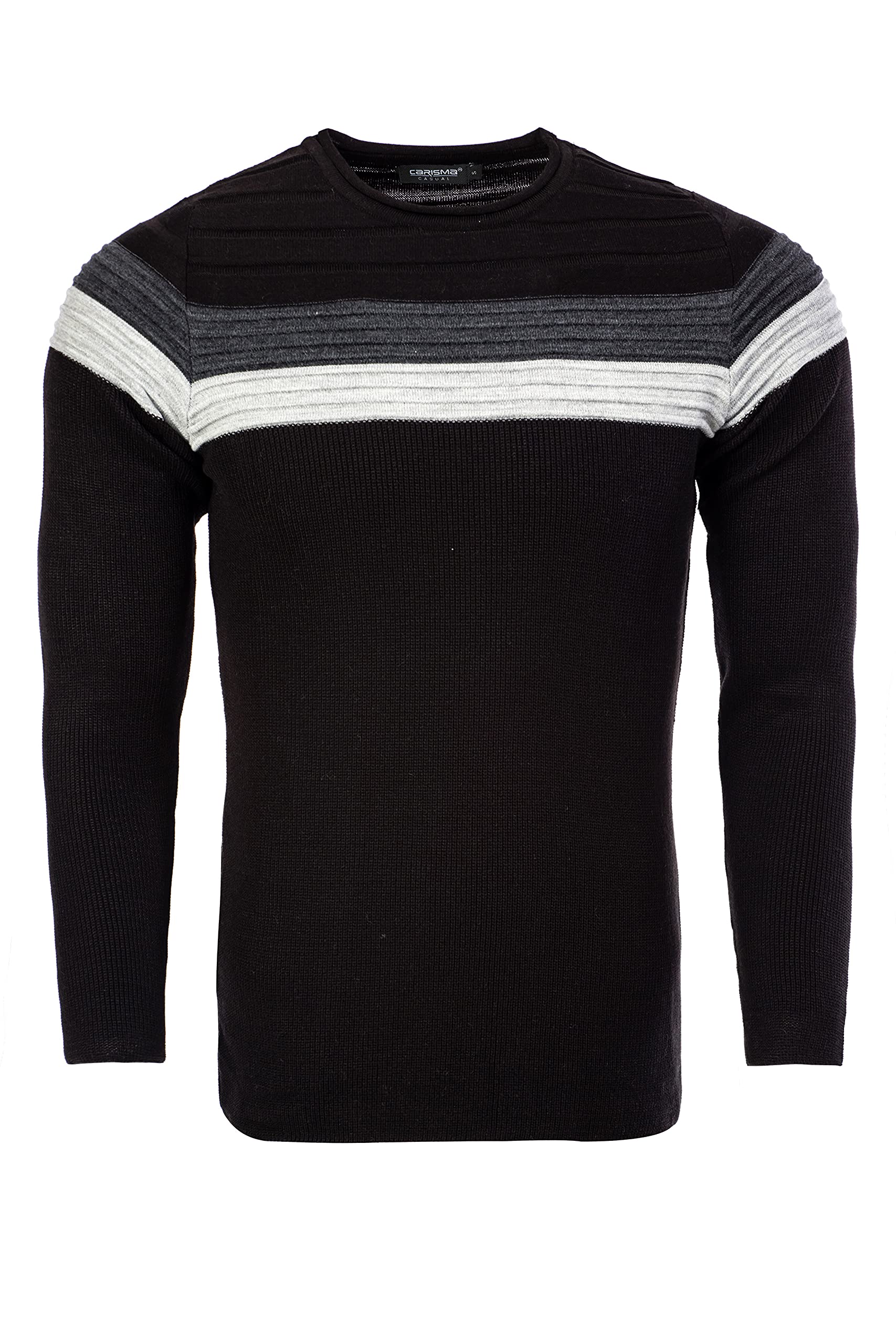 Herren Feinstrick-Pullover für Winter und Übergang by Carisma • Herren Longsleeve mit Streifen • Herren Langarmshirt Herren Sweatshirt Pulli Langarm K-128 Black S